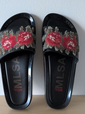Melissa Black Slide Sandals with Red Floral Cross-Stitch